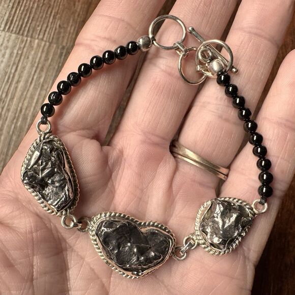 Vintage Meteorite & Black Spinel Bracelet 7" - 8" in Sterling Silver D’Joy NIB - Picture 2 of 14